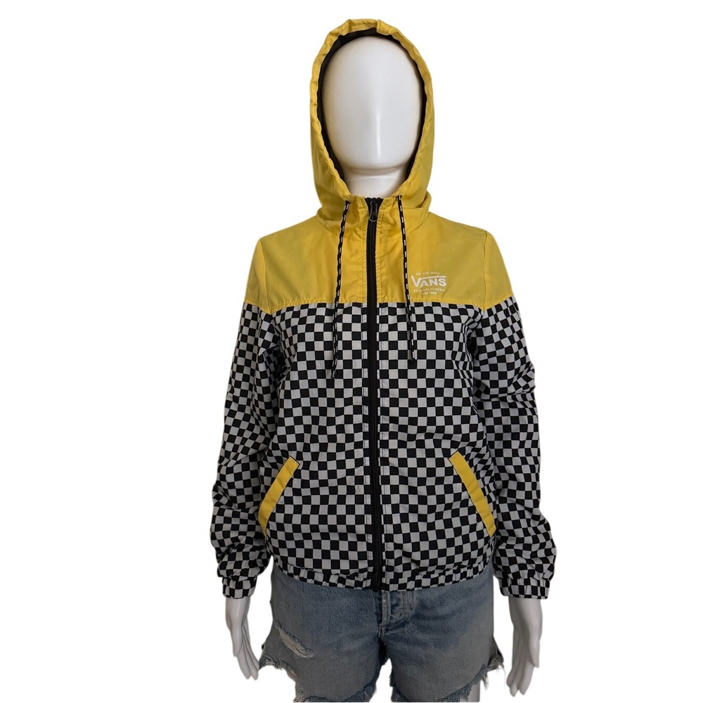 Vans Checkerboard Black Yellow Hooded Windbreaker Jacket Size XS